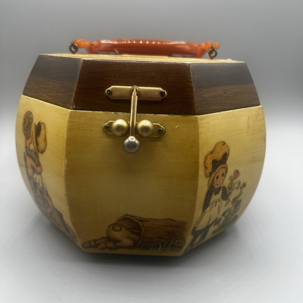 Vtg Octagonal Wooden Bucket Box Purse Lucite Handle Holly Hobbies 1974 Few Flaws - Picture 3 of 13